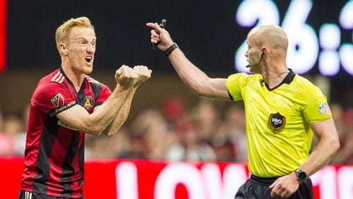 Atlanta United midfielder Jeff Larentowicz (18) reacts to a call from the referee during the match between NYC FC and Atlanta United at Mercedes-Benz Stadium in Atlanta, Georgia, on Sunday, April 15, 2018. (REANN HUBER/REANN.HUBER@AJC.COM)