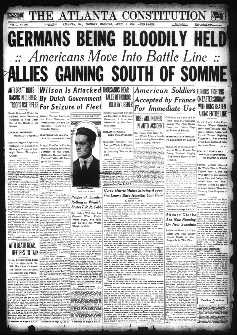 The Atlanta Constitution front page April 1, 1918.