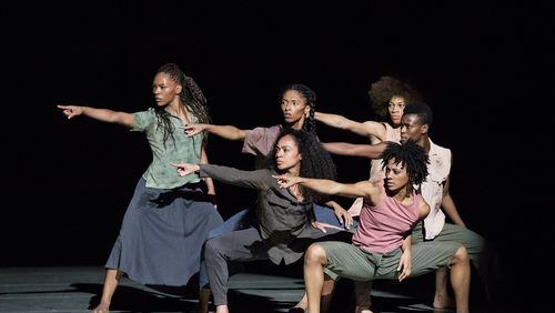Alvin Ailey American Dance Theater dancers, including Jacqueline Green (top center), perform “Shelter.” CONTRIBUTED BY PAUL KOLNIK