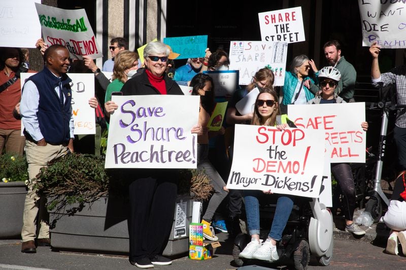 Advocates called on Dickens to keep the Peachtree Shared Space project at a protest in March. (Steve Schaefer for The Atlanta Journal-Constitution)