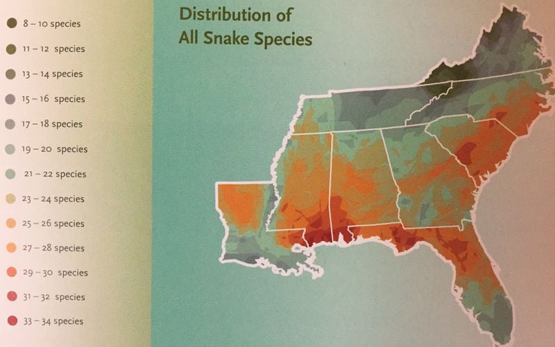 A map from the book "Snakes of the Southeast," by J. Whitfield Gibbons, Professor Emeritus of Ecology at the University of Georgia/SREL, shows the number of snake species throughout Georgia and other southeastern states.