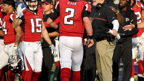 Atlanta Falcons quarterback Matt Ryan celebrates after passing for a touchdown during the second half of an NFL football game against the Los Angeles Rams Sunday, Dec. 11, 2016, in Los Angeles. (AP Photo/Mark J. Terrill)