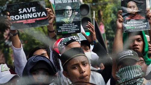 Thousands of members of various Indonesian muslim groups demonstrate in support of Myanmar's Rohingya population in front of the Myanmar embassy on September 6, 2017 in Jakarta, Indonesia.