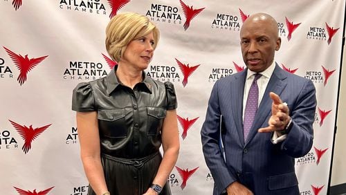 Metro Atlanta Chamber CEO Katie Kirkpatrick (left) and Southern Company CEO Chris Womack, who is also the chamber’s chair for 2024
