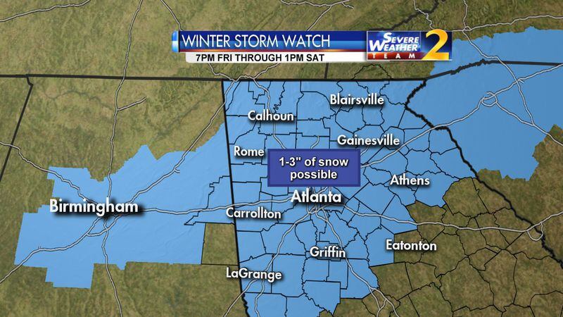 A winter storm watch was issued for all of metro Atlanta early Thursday. The watch goes into effect Friday evening. (Credit: Channel 2 Action News)