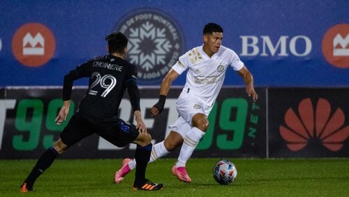 Atlanta United defender Ronald Hernandez (2) dribbles the ball during the first half of the match against Montreal Saturday, Oct. 2, 2021, at Stade Saputo in Montreal, Quebec. (Audrey Magny/Atlanta United)