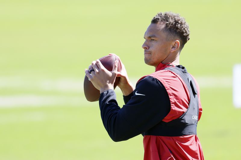 Falcons quarterback Desmond Ridder gets in some throws Tuesday as he nparticipates in the team's offseason conditioning program in Flowery Branch.