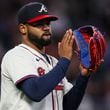 Atlanta Braves starting pitcher Reynaldo López reacts after a teammate made an out to end the top of the fifth inning against the Chicago Cubs at Truist Park, Monday, May 13, 2024, in Atlanta. (Jason Getz / AJC)