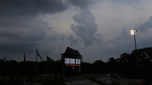 June 14, 2017, Kennesaw: The Fifth Third Bank Stadium is evacuated for a lightning delay as the Atlanta United prepare to play the Charleston Battery in the Lamar Hunt U.S. Open Cup fourth round at 5th Third Bank Stadium on Wednesday, June 14, 2017, in Kennesaw.    Curtis Compton/ccompton@ajc.com