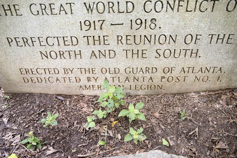 JULY 12, 2018 — The Granite Confederate Marker sits in a grassy knoll in front of E. Rivers Elementary School in Atlanta. (ALYSSA POINTER/ALYSSA.POINTER@AJC.COM)