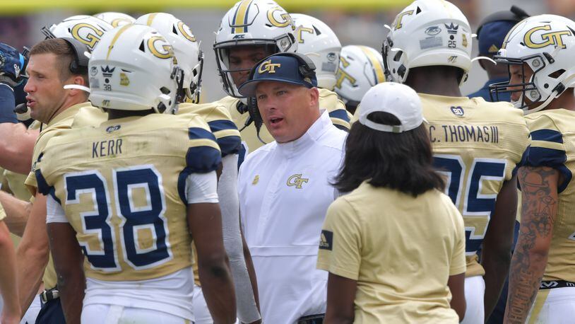 Georgia Tech head coach Geoff Collins, here instructing his team two weeks ago against The Citadel, is all Georgia Tech all the time, even with old employer Temple looming. (Hyosub Shin / Hyosub.Shin@ajc.com)