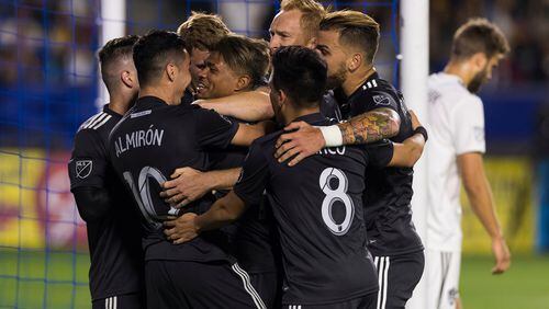 Atlanta United players celebrate Josef Martinez's during the first half of the game against the LA Galaxy on Saturday, April 21, 2018 in Carson, Calif.  (Atlanta United)