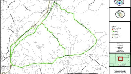 Map depicts the posted detours for when East Cherokee Drive at Ball Ground Highway is closed July 9-11 to repair a railroad crossing. CHEROKEE COUNTY ROADS AND BRIDGES