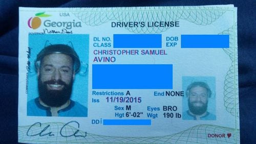 Christopher Avino's temporary Georgia driver's license shows the self-proclaimed Pastafarian wearing a colander.