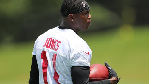 Falcons wide receiver Julio Jones gets in some work during the first day of mini-camp on Tuesday, June 13, 2017, in Flowery Branch.