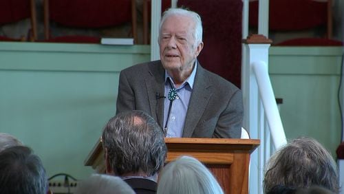 In this still image from the livestream broadcast from Maranatha Baptist Church in Plains, former President Jimmy Carter is shown teaching Sunday school at his hometown church on Sunday, November 3, 2019. (Photo courtesy of Channel 2 Action News)