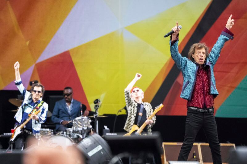Ron Wood, left, Steve Jordan, Keith Richards and Mick Jagger, of the Rolling Stones, perform during the New Orleans Jazz & Heritage Festival on Thursday, May 2nd, 2024, at the Fair Grounds Race Course in New Orleans. (Photo by Amy Harris/Invision/AP)