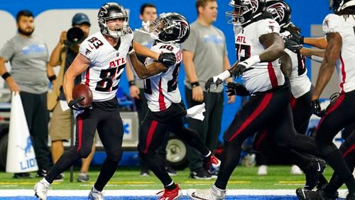 Atlanta Falcons wide receiver Jared Bernhardt reacts after his 21-yard pass for a touchdown during the second half of a preseason NFL football game against the Detroit Lions, Friday, Aug. 12, 2022, in Detroit. (AP Photo/Paul Sancya)