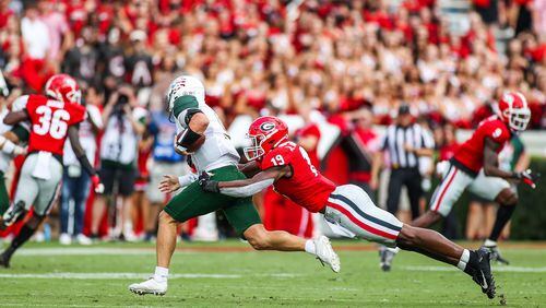 Georgia outside linebacker Adam Anderson (19) during the Bulldogs’ game against Alabama-Birmingham in Athens, Ga., on Saturday, Sept. 11, 2021. (Photo by Mackenzie Miles)
