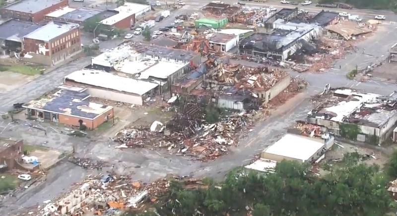 This image taken from video provided by KOCO shows damage caused by a tornado in Sulphur, Okla., Sunday, April 28, 2024. (KOCO via AP)