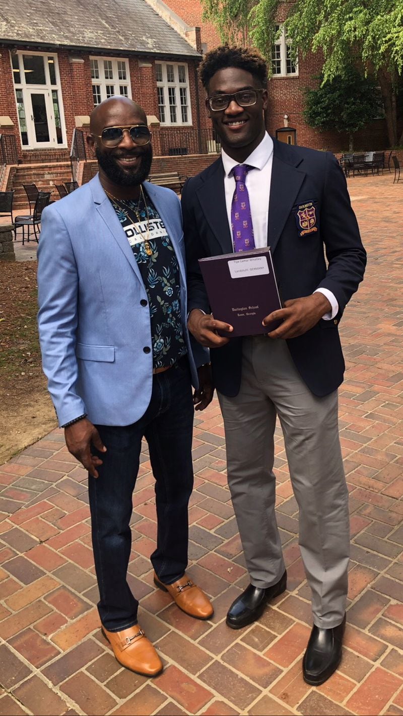 Incoming Georgia Tech freshman Tijai Whatley with his father Tifton Whatley at the Darlington School graduation. Tifton Whatley is a retired Army staff sergeant and a high-school football coach in Colorado. (Photo courtesy Tifton Whatley)