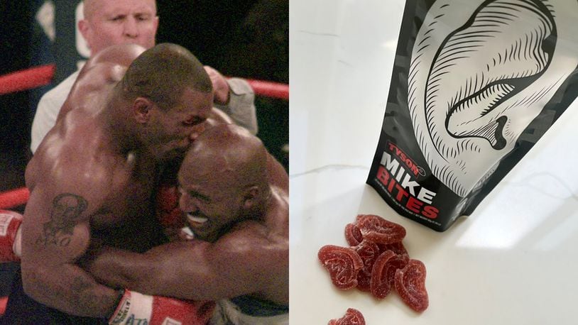 Mike Tyson has a new cannabis "Mike Bites" that are ear shaped in honor of the 1997 fight with Evander Holyfield where he bit Holyfield's ear. AP/Instagram