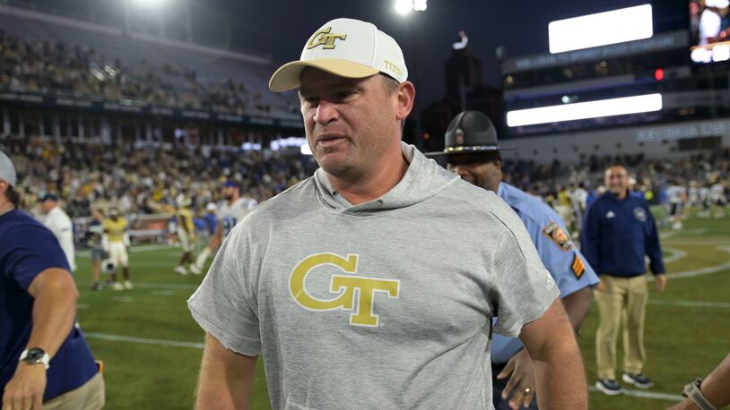 Georgia Tech interim coach Brent Key did not offer much insight into the abrupt resignation of running backs coach Mike Daniels during his weekly news conference Monday. (Daniel Varnado/for The Atlanta Journal-Constitution)