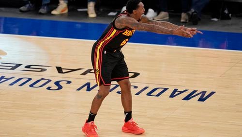 Atlanta Hawks' Lou Williams reacts to a call during the second half of Game 1 of first-round playoff series against the New York Knicks, Sunday, May 23, 2021, in New York. (Seth Wenig/AP)