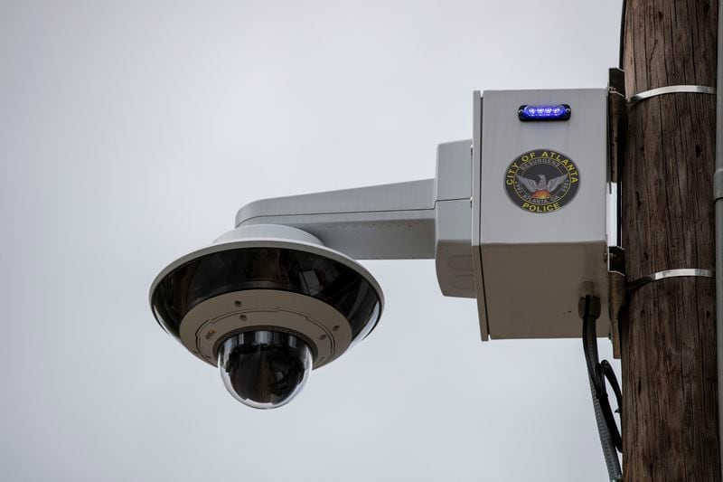 10/15/2020 - Atlanta, Georgia - An Atlanta Police Department surveillance camera sits at the intersection of Hardee Street and Mayson Avenue in Atlanta's Edgewood community, Thursday, October 15, 2020.  (Alyssa Pointer / Alyssa.Pointer@ajc.com)