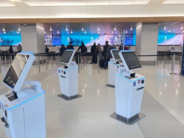 Kiosks at Delta's main check-in lobby at LaGuardia