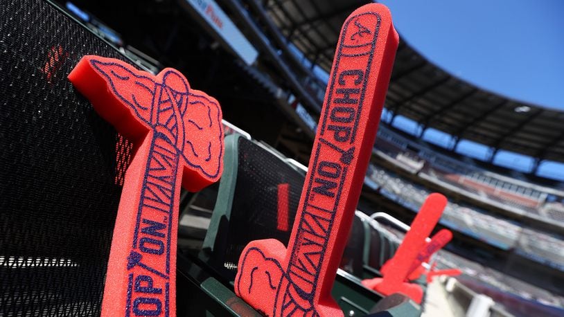 Foam tomahawks wait in the seats for fans for the Atlanta Braves and the Chicago Cubs in the Braves home opener MLB baseball game at SunTrust Park on Monday, April 1, 2019, in Atlanta.    Curtis Compton/ccompton@ajc.com