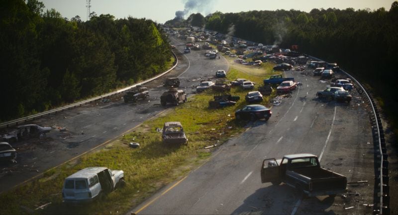 Though it looks like another zombie apocalypse on Atlanta's roadways, this time, it's a battle between rival American factions in "Civil War."
(Courtesy of A24)