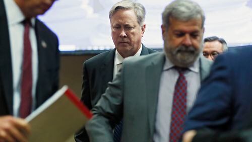October 10, 2019 - Decatur - Robert Olsen (center) leaves DeKalb County Superior Court with attorneys. A fourth day of jury deliberations in the Olsen murder trial ended with jurors still at an impasse. Bob Andres / robert.andres@ajc.com