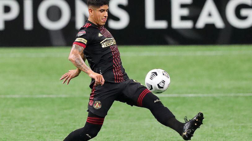 Atlanta United defender Alan Franco deflects a pass during the first leg of the CONCACAF Champions League quarterfinals against the Philadelphia Union Tuesday, April 27, 2021, at Mercedes-Benz Stadium in Atlanta. Philadelphia won 3-0. (Curtis Compton / Curtis.Compton@ajc.com)