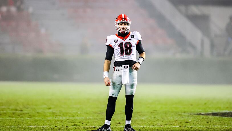 Georgia quarterback JT Daniels (18) during a game against South Carolina Saturday, Nov. 28, 2020, at Williams-Brice Stadium in Columbia, SC. (Tony Walsh/UGA Sports)