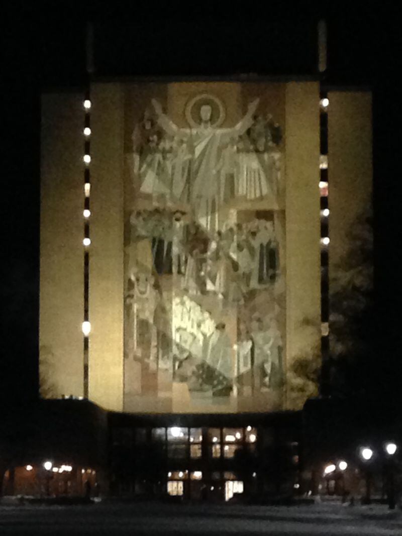 I imagine if Notre Dame were more of a basketball school, they might refer to this rendering as 3-pointer Jesus.
