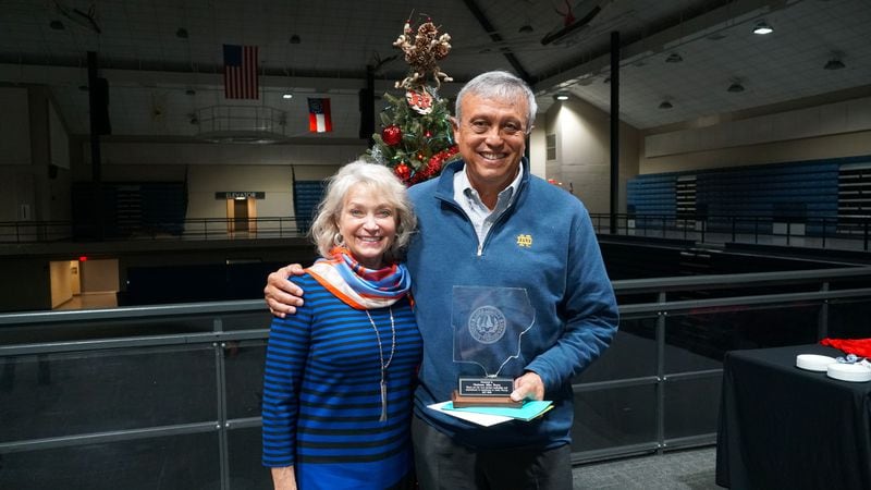 Cobb Commission Chairman Mike Boyce and his wife Judy attend a recent farewell reception for him and for Commissioner Bob Ott at the Cobb County Civic Center. (Courtesy of Cobb County)
