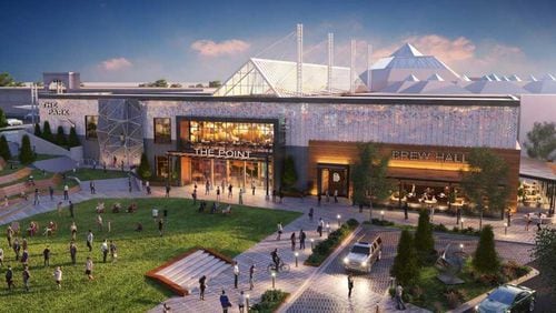 Artist’s rendering depicts the new entrance of the redeveloped North Point Mall in Alpharetta. A North Point Eco-District preview is planned at the mall Thursday, Oct. 17. DWELL DESIGN STUDIO