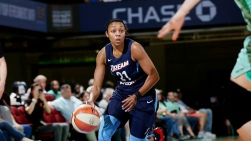WHITE PLAINS, NY - JUNE 19:  Renee Montgomery #21 of the Atlanta Dream handles the ball against the New York Liberty on June 19, 2018 at Westchester County Center in White Plains, New York. NOTE TO USER: User expressly acknowledges and agrees that, by downloading and or using this photograph, User is consenting to the terms and conditions of the Getty Images License Agreement. Mandatory Copyright Notice: Copyright 2018 NBAE (Photo by Steve Freeman/NBAE via Getty Images)