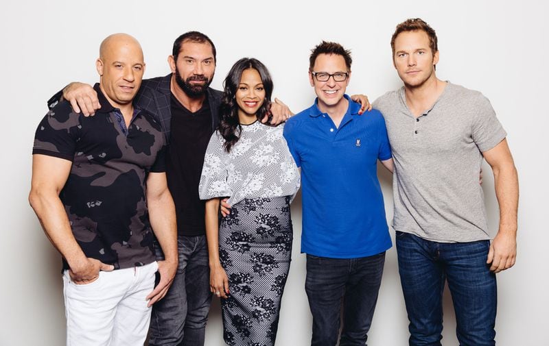 The cast of the "Guardians of the Galaxy" franchise is speaking out on behalf of fired director James Gunn (second right). From left: Vin Diesel, Dave Bautista, Zoe Saldana, Gunn and Chris Pratt.