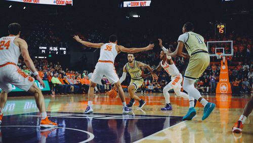 Georgia Tech guard Jose Alvarado scored 10 points on 3-for-9 shooting with five rebounds and three assists against Clemson on Jan. 16, 2019 at Littlejohn Coliseum. (Mary Alexander/Clemson Athletic Communications)