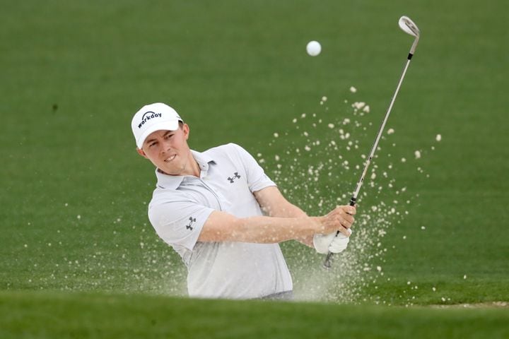 April 10, 2021, Augusta: Matthew Fitzpatrick hits out of the bunker on the second hole during the third round of the Masters at Augusta National Golf Club on Saturday, April 10, 2021, in Augusta. Curtis Compton/ccompton@ajc.com