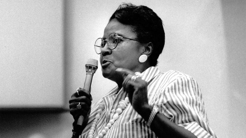 Labor activist Dorothy Bolden speaks up at a public hearing in 1988. She spoke to the Fulton County Commission in favor of a $6 million trust fund tied to the building of the Georgia Dome that would benefit Vine City homeowners. (Dwight Ross Jr. / AJC Archive at GSU Library)