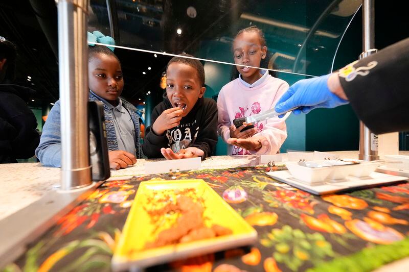 Children from the Woodmere Elementary School, of Harvey, La., line up to taste cooked insects at the Audubon Insectarium in New Orleans, Wednesday, April 17, 2024. (AP Photo/Gerald Herbert)