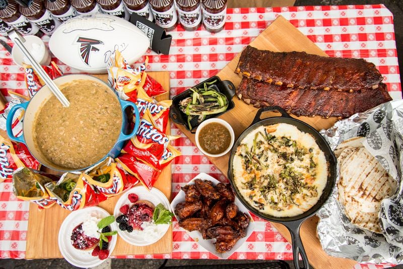 Pork Green Chile Frito Pie, Dirty Bird Upside Down Cake, Grilled Fundido, and Fox Bros. bbq ribs and wings.  Photo Credit- Mia Yakel.