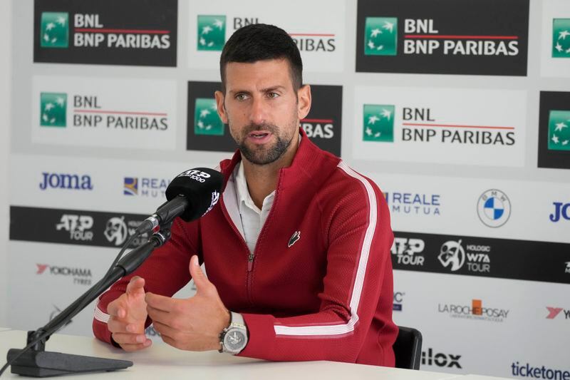 Serbia's Novak Djokovic talks to journalists during a press conference at the Italian Open tennis tournament in Rome, Wednesday, May 8, 2024.(AP Photo/Gregorio Borgia)