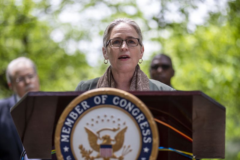 05/05/2021 — Peachtree Corners, Georgia — US Congresswoman Carolyn Bourdeaux makes remarks during a press conference about infrastructure at Jones Bridge Park in Peachtree Corners, Wednesday, May 5, 2021. (Alyssa Pointer / Alyssa.Pointer@ajc.com)