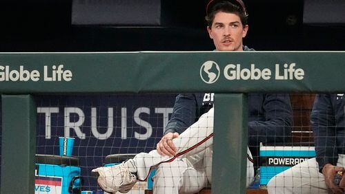 Atlanta Braves starting pitcher Max Fried (54) sits in the dugout during a baseball game against the Boston Red Sox Tuesday, May 9, 2023, in Atlanta. Fried was placed on the 15-day injured list with a strained forearm earlier in the day. (AP Photo/John Bazemore)