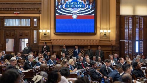 Legislators watch the State of the State speech at the Capitol in Atlanta on Wednesday, January 25, 2023. (Arvin Temkar / arvin.temkar@ajc.com)