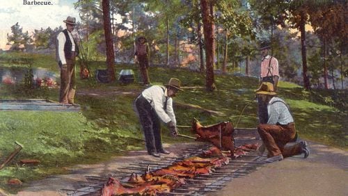 A postcard from the early 1900s shows African Americans cooking barbecue. They were profoundly associated with the craft from the beginning. (Collection of Jim Auchmutey)